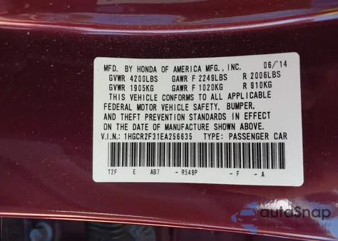 2014 Honda Accord Lx из США, поврежденный, VIN 1HGCR2F31EA256635